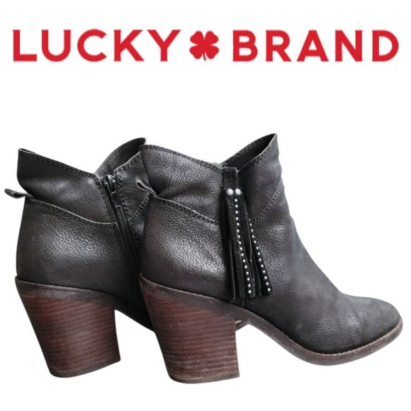 Boots Lucky Brand Black Leather Country Western Bohemian Biker Ankle Booties - Picture 1 of 13